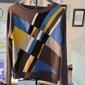 Jones New York Geometric Sweater Large Grey Blue Yellow Black White